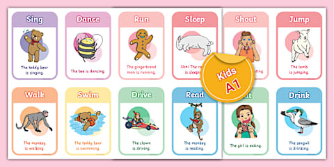 50 ESL Simple Action Verbs Flashcards [Kids, A1]