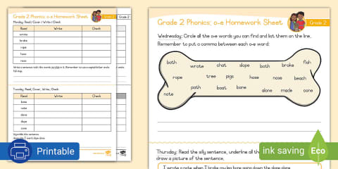 Grade 2 Phonics: Silent e (o-e) Differentiated Worksheets