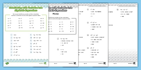 Practicing Substitution into Algebraic Expressions Activity Sheet