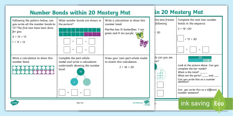 Number Bonds of 20 Maths Challenge Cards