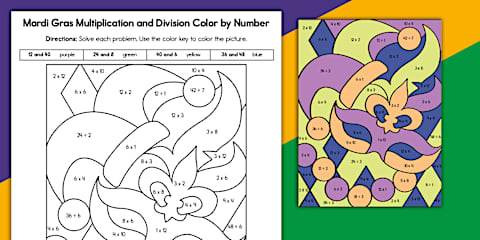 Mardi Gras Addition and Subtraction Facts to 10 Color by Number Worksheet