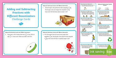 Adding and Subtracting Mixed Numbers Word Problems Challenge Cards for ...