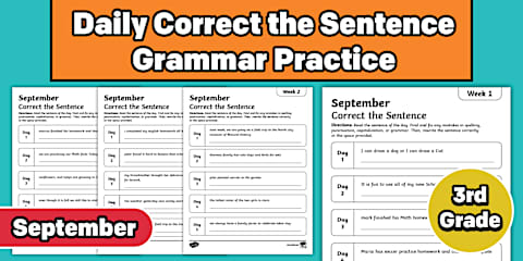 Third Grade November Daily Correct the Sentence Grammar Practice
