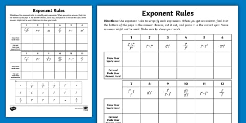 Eighth Grade Exponent Rules Practice and Color by Number