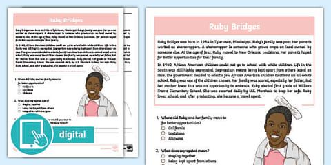 Fifth Grade Ruby Bridges Reading Passage Comprehension Worksheet