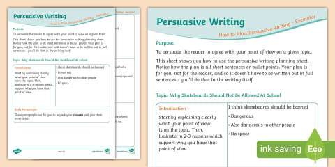 Level 3 Writing - Persuasive Writing Planning Sheet with Exemplar