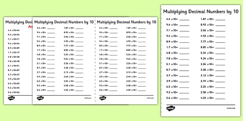 Multiplying Whole Numbers by 10 A5 Worksheet