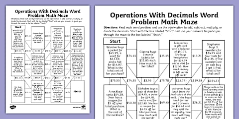 Sixth Grade Multiplying and Dividing Decimals Math Maze Activity