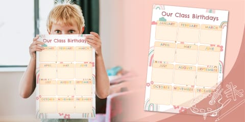 Muted Rainbow Themed Classroom Birthday Chart Display Poster