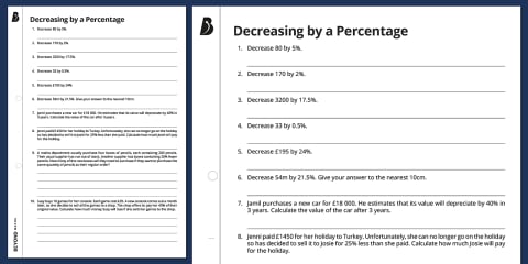 Percentage Increase and Decrease Worksheet