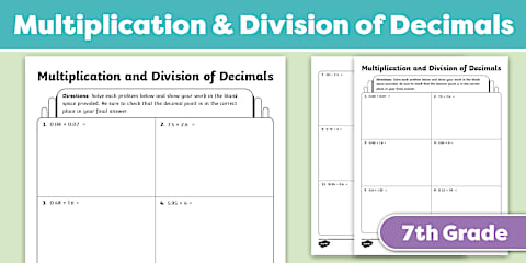 Seventh Grade Math Basic Skills Decimal Operations Review Worksheet