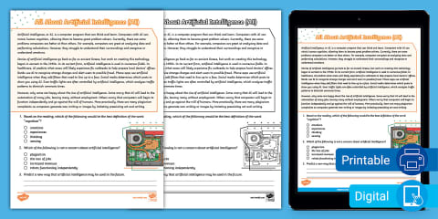 Fifth Grade All About Artificial Intelligence (AI) Reading Passage ...