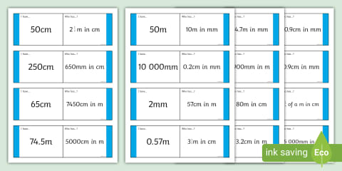 mm to cm - m - km - Length Equivalents Matching Cards