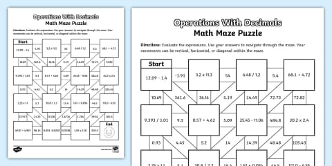 Sixth Grade Multiplying and Dividing Decimals Math Maze Activity