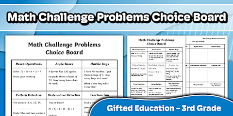 Math Challenge Problems Choice Board for Gifted Education | Kindergarten