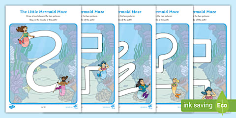 The Little Mermaid Pencil Control Path Worksheets