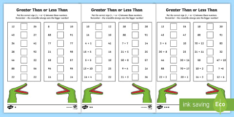 Second Grade Greater Than, Less Than Addition Worksheet