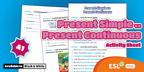 ESL Present Simple vs Present Continuous Time Expressions Activity ...