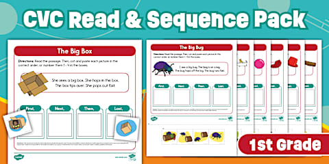 First Grade The Red Hat CVC Read and Sequence Cut and Paste Activity