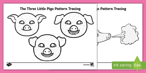 Printable Pig Pattern Three Little Pigs Words and Picture Tracing for PreK-K