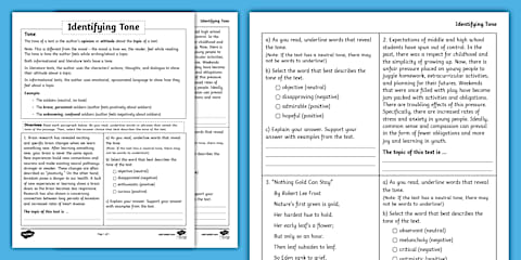 Sixth Grade Tone Words Reference Sheet