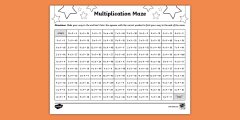 Math Multiplication Maze x 5 Worksheet for 3rd-5th Grade