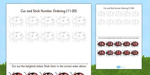 Minibeast Themed Cut and Stick Number Ordering Sheets 11-20