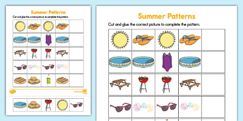 Beach Complete the Pattern Cut and Paste Worksheet