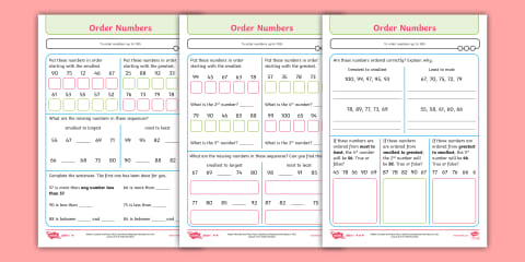 Number and Place Value Order Objects and Numbers Maths Activity Sheets