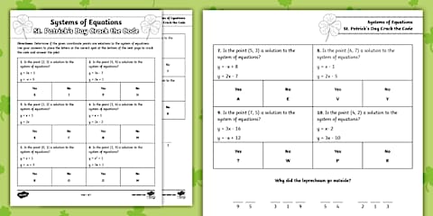 Eighth Grade Solving Systems of Equations St. Patrick's Day Activity