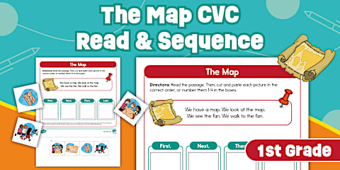 First Grade The Red Hat CVC Read and Sequence Cut and Paste Activity