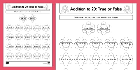 First Grade Winter Addition to 20 True or False Worksheet