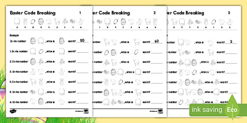 First Grade Easter Place Value Code Breaker Worksheet