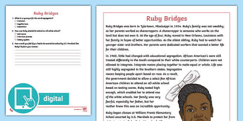 Third Grade Ruby Bridges Reading Passage Comprehension Worksheet