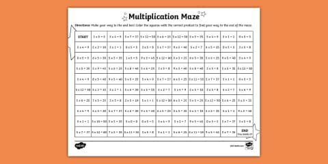 Math Multiplication Maze x 4 Worksheet for 3rd-5th Grade