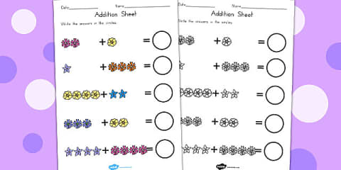 Numbers on Flowers Addition Worksheet