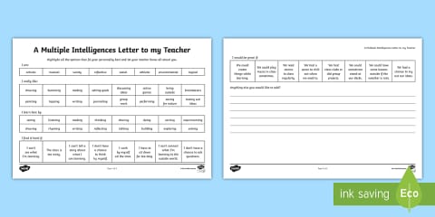 Multiple Intelligence For Learning Letters Identifying Multiple Intelligences for Students Worksheet