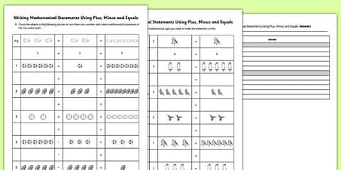 Missing Maths Signs Plus or Minus Worksheet