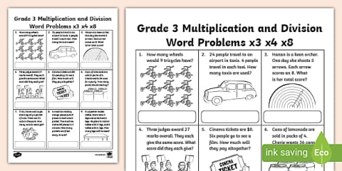 Grade 3 Multiplication and Division Word Problems x3 x4 x8 Worksheet