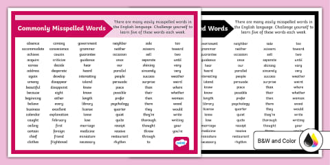 100 Commonly Misspelled Words Mat