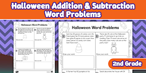 First Grade Addition and Subtraction Halloween Word Problem Worksheet