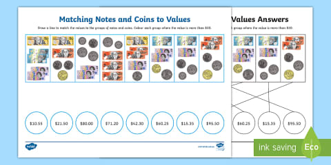 ใบงานระบายสีจำแนกเงินบาทไทย - Recognising Thai Coins and Notes Colouring
