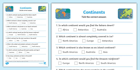 The Seven Continents of the World Fact File Template