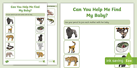 Preschool - Themes- African Animals - Worksheet - Mother and Baby Matching