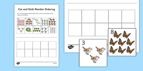 Minibeast Themed Cut and Stick Number Ordering Sheets 1-10