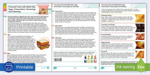 Preprocessed Food Comparing Processed and Unprocessed Food Worksheet
