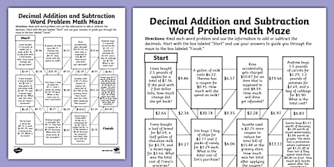 Fifth Grade Decimal Addition and Subtraction Word Problems Worksheet