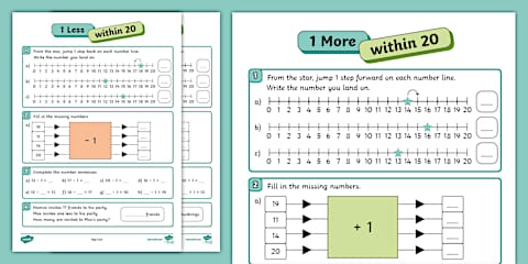 Kindergarten Number Line 0-20 One More One and Less Cut and Paste Worksheet