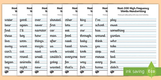 First 100 High Frequency Words Handwriting Worksheets