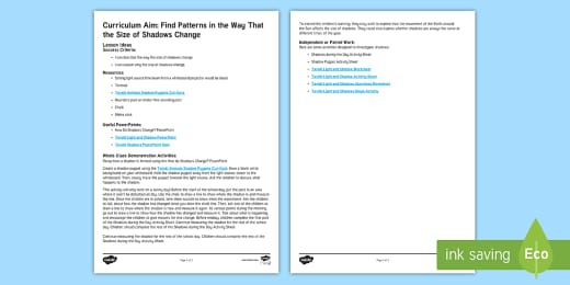 Y3 Light Find Patterns In The Way That The Size Of Shadows Change Lesson Pack